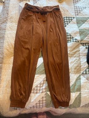 Suede lik elastic and Tie-Waist Jogger Pants